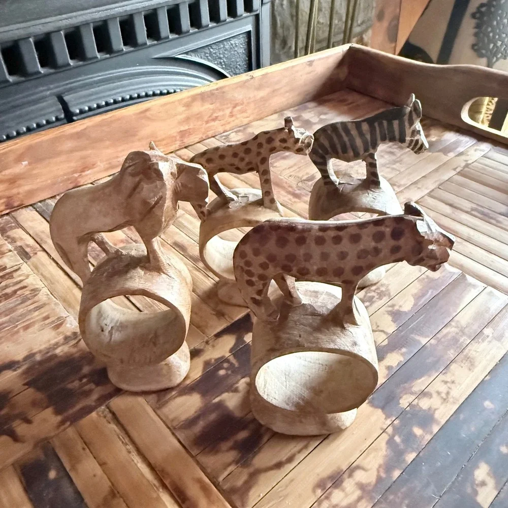 Set of 4 Hand-Carved Wooden Safari Animal Napkin Rings - Folk Art